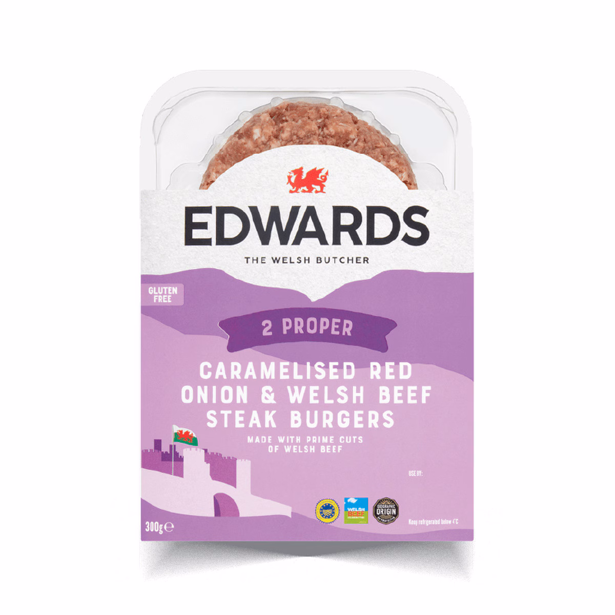 Edwards Caramelised Red Onion & Welsh Beef Steak Burgers (300g/pack | 6pack/case | Frozen) - by Case